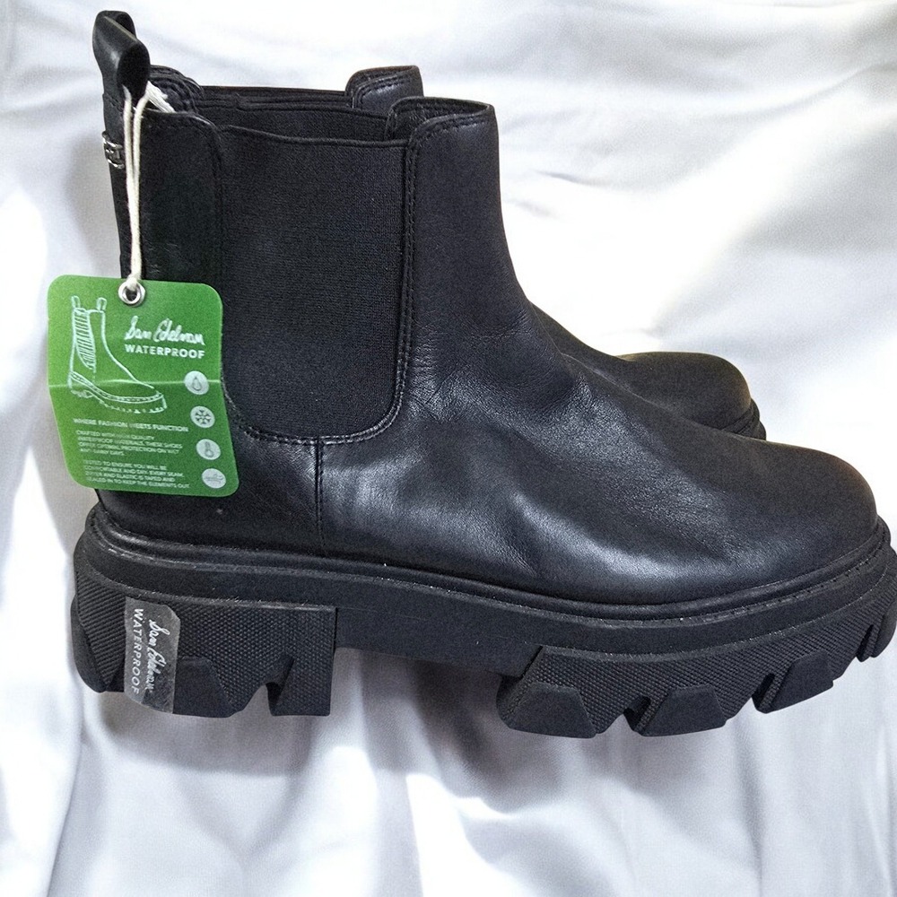 Sam Edelman Daelyn Chelsea Lug Sole Boots Woman 11 Black Leather Waterproof NEW